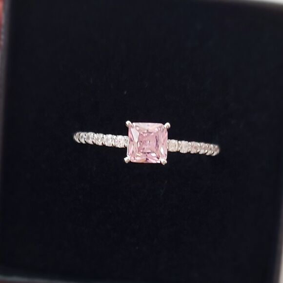 925 Sterling Silver Pink Cubic Zirconia Love Ring - Picture 2 of 6